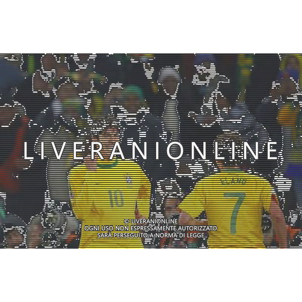 Brazil\'s KAKA (L) and ELANO (R) celebrate a goal during the World Cup group G soccer match between Brazil and Cote d\'Ivoire in Johannesburg in South Africa on Sunday, June 20, 2010. Brazil defeated Cote d\'Ivoire 3-1.(Photo By Wei Zheng/ColorChinaPhoto) - Ag. Aldo Liverani sas ITALY ONLY BRASILE - COSTA D\'AVORIO FIFA WORLD CUP CAMPIONATI MONDIALI SUD AFRICA 2010