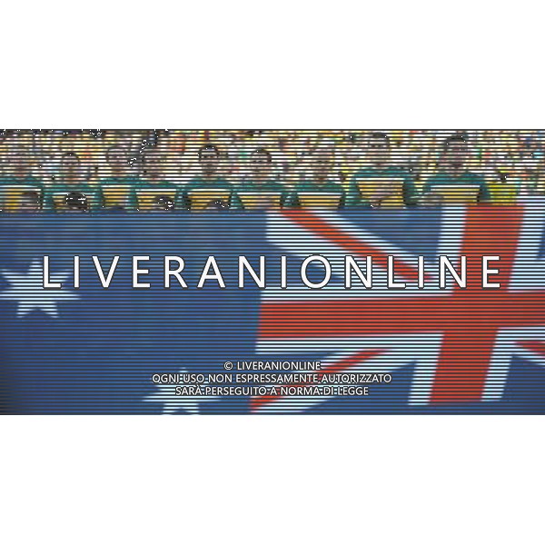 (100619) -- RUSTENBURG, June 19, 2010 () -- Australia\'s players sing national anthem prior to the 2010 World Cup Group D football match against Ghana at Royal Bafokeng stadium in Rustenburg, South Africa, on June 19, 2010. The match tied 1-1. (/Li Ga)(kh) ©Photoshot/Agenzia Aldo Liverani Sas - ITALY ONLY: GHANA - AUSTRALIA FIFA WORLD CUP CAMPIONATI MONDIALI SUD AFRICA 2010