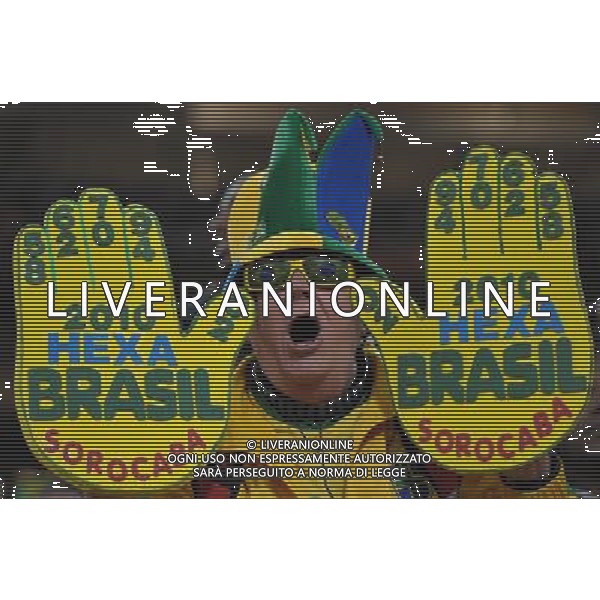 (100621) -- JOHANNESBURG, June 21, 2010 () -- A Brazilian fan shows the giant palm with the years of Brazil\'s claiming the world cup title before the Group G soccer match against Ivory Coast at 2010 FIFA World Cup at Soccer City stadium in Johannesburg, South Africa, on June 20, 2010. (/Wang Yuguo)(xm) ©Photoshot/Agenzia Aldo Liverani Sas - ITALY ONLY: BRASILE - COSTA D\'AVORIO FIFA WORLD CUP CAMPIONATI MONDIALI SUD AFRICA 2010