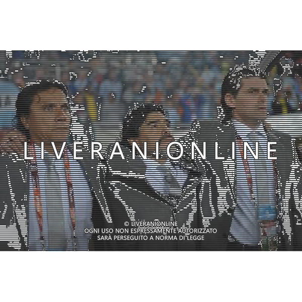 (100623) -- POLOKWANE, June 23, 2010 -- Argentine coach Diego Maradona (C) listens to national anthem before the 2010 World Cup Group B soccer match between Argentina and Greece in Polokwane, South Africa, June 22, 2010. Wang Yuguo) ©Photoshot/Agenzia Aldo Liverani Sas - ITALY ONLY: ARGENTINA - GRECIA FIFA WORLD CUP CAMPIONATI MONDIALI SUD AFRICA 2010