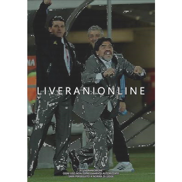 (100623) -- POLOKWANE, June 23, 2010 () -- Argentine head coach Diego Maradona (R, front) celebrates the goal during the 2010 World Cup Group B soccer match against Greece in Polokwane, South Africa, June 22, 2010. Argentina won 2-0 and qualifies for the next round.(/Wang Yuguo)(fym) ©Photoshot/Agenzia Aldo Liverani Sas - ITALY ONLY: ARGENTINA - GRECIA FIFA WORLD CUP CAMPIONATI MONDIALI SUD AFRICA 2010