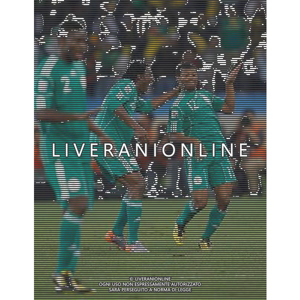 (100623) -- DURBAN, June 23, 2010 -- Nigeria\'s Kalu Uche (R) celebrates his goal during the 2010 World Cup Group B soccer match against South Korea at Moses Mabhida stadium in Durban, South Africa, on June 22, 2010. Liao Yujie)(dl) ©Photoshot/Agenzia Aldo Liverani Sas - ITALY ONLY - NIGERIA - COREA DEL SUD FIFA WORLD CUP CAMPIONATI MONDIALI SUD AFRICA 2010