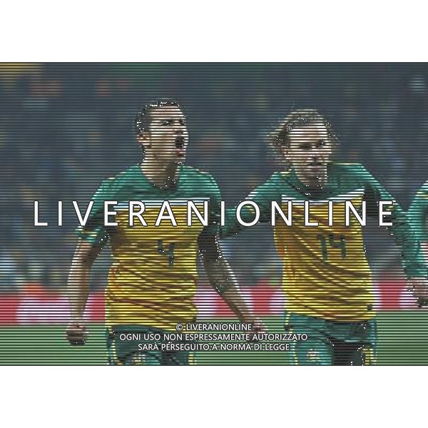 (100624) -- NELSPRUIT, June 24, 2010 () -- Australia\'s Tim Cahill (L) celebrates with Brett Holman after scoring a goal during the 2010 World Cup Group D match against Serbia in Nelspruit, South Africa, June 23, 2010. Australia won the match 2-1. Both Serbia and Australia are disqualified for the round of 16. (/Xu Suhui) ©Photoshot/Agenzia Aldo Liverani Sas - ITALY ONLY: SERBIA - AUSTRALIA FIFA WORLD CUP CAMPIONATI MONDIALI SUD AFRICA 2010