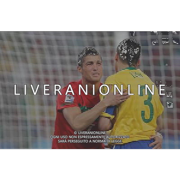 (100625) -- DURBAN, June 25, 2010 -- Cristiano Ronaldo (L) of Portugal hugs Lucio of Brazil during the Group G last round match at 2010 FIFA World Cup, at Moses Mabhida stadium in Durban, South Africa, on June 25, 2010. The match tied 0-0. Both Brazil and Portugal are qualified for the round of 16. Liao Yujie) (dl) MONDIALI DI CALCIO SUDAFRICA 2010 PORTOGALLO BRASILE CALCIO SPORT ©PHOTOSHOT/ALDO LIVERANI ITALY ONLY