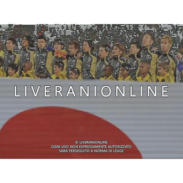 (100625) -- RUSTENBURG, June 25, 2010 () -- Japan\'s players sing national anthem prior to the Group E last round match against Denmark at 2010 FIFA World Cup, at Royal Bafokeng stadium in Rustenburg, South Africa, on June 24, 2010. Japan won 3-1 and qualifies for the next round. (/Xu Suhui) (dl) CALCIO SPORT DANIMARCA GIAPPONE MONDIALI DI CALCIO SUDAFRICA 2010 ©PHOTSHOT/ALDO LIVERANI ITALY ONLY