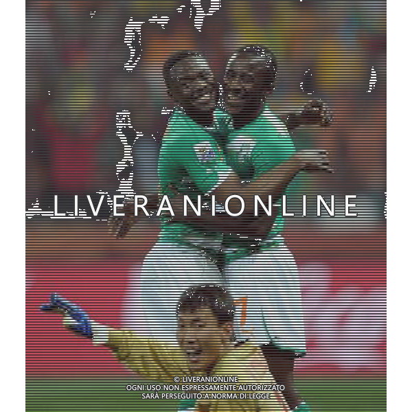 (100626) -- NELSPRUIT, June 26, 2010 -- Two players of Cote d\'Ivoire celebrate a goal, which the linesman ruled as offside, during the Group G last round match against Democratic People\'s Republic of Korea (DPRK) at 2010 FIFA World Cup, at Mbombela Stadium in Nelspruit, South Africa, on June 25, 2010. Cote d\'Ivoire won 3-0 and both teams failed to progress to the next round. Wang Yuguo)(fym) COSTA D\'AVORIO COREA DEL NORD FIFA WORLD CUP 2010 SUDAFRICA CALCIO SPORT ©PHOTOSHOT/ALDO LIVERANI ITALY ONLY