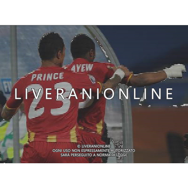 (100627) -- RUSTENBERG, June 27, 2010 -- Kevin-Prince Boateng (L) of Ghana celebrates his goal with teammate Andre Ayew during the 2010 World Cup round of 16 soccer match against the United States at Royal Bafokeng Stadium in Rustenburg, South Africa, on June 26, 2010. Li Ga) (fym)