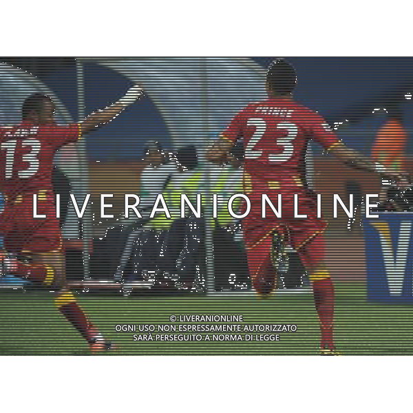 (100627) -- RUSTENBERG, June 27, 2010 -- Kevin-Prince Boateng (R) of Ghana celebrates his goal during the 2010 World Cup round of 16 soccer match against the United States at Royal Bafokeng Stadium in Rustenburg, South Africa, on June 26, 2010. Li Ga) (fym)