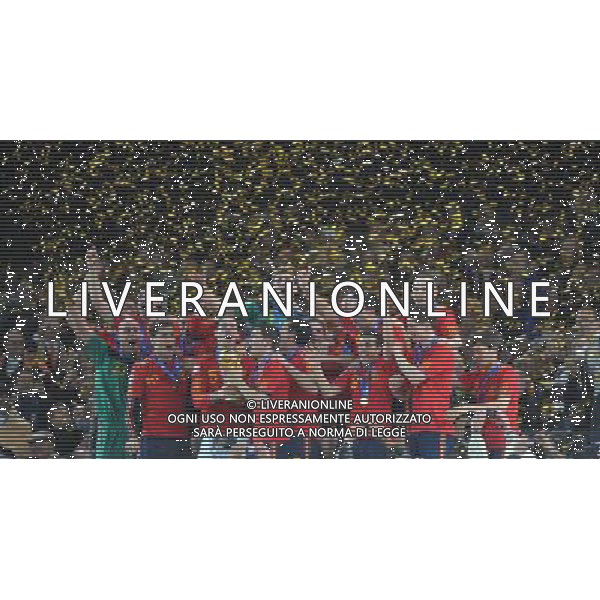 (100712) -- JOHANNESBURG, July 12, 2010 () -- Players of Spain celebrate during the awarding ceremony after the 2010 FIFA football World Cup final match against the Netherlands on July 11, 2010 at Soccer City stadium in Johannesburg, South Africa. Spain won the final 1-0. (/Yang Lei)(ljq) ©Photoshot/Agenzia Aldo Liverani Sas - ITALY ONLY: OLANDA - SPAGNA FINALE FIFA WORLD CUP CAMPIONATI MONDIALI SUD AFRICA 2010