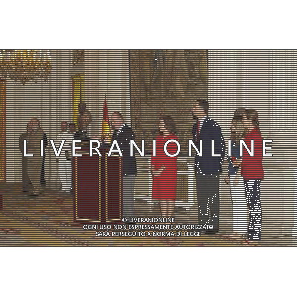 King Juan Carlos, Queen Sofia, Prince Felipe, Princess Letizia, Princess Leonor, Princess Sofia, Princess Elena attend an Audience to the National Football Team on their victory in the FIFA World Cup \'South Africa 2010 at Palacio Real in Madrid Photo: Billy Chappel / ALFAQUI - Ag. Aldo Liverani sas ITALY ONLY RICEVIMENTO A PALAZZO REALE DI MADRID DELLA NAZIONALE SPAGNOLA DI CALCIO DOPO LA VITTORIA DELLA COPPA DEL MONDO IN SUD AFRICA 2010