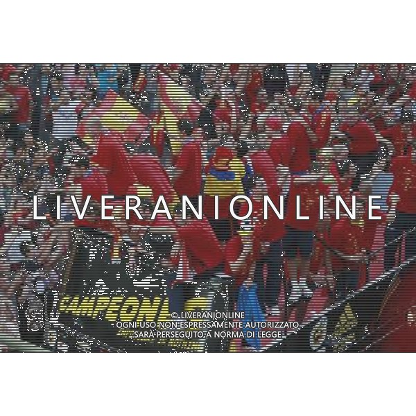 MADRID, Spain (12/07/2010).- Spain\'s National team celebrates victory ay South Africa world Cup with supporters all over Madrid. Photo: Adrian / ALFAQUI - Ag. Aldo Liverani sas ITALY ONLY FESTEGGIAMENTI NELLE STRADE DI MADRID DELLA NAZIONALE SPAGNOLA DI CALCIO DOPO LA VITTORIA DELLA COPPA DEL MONDO IN SUD AFRICA 2010