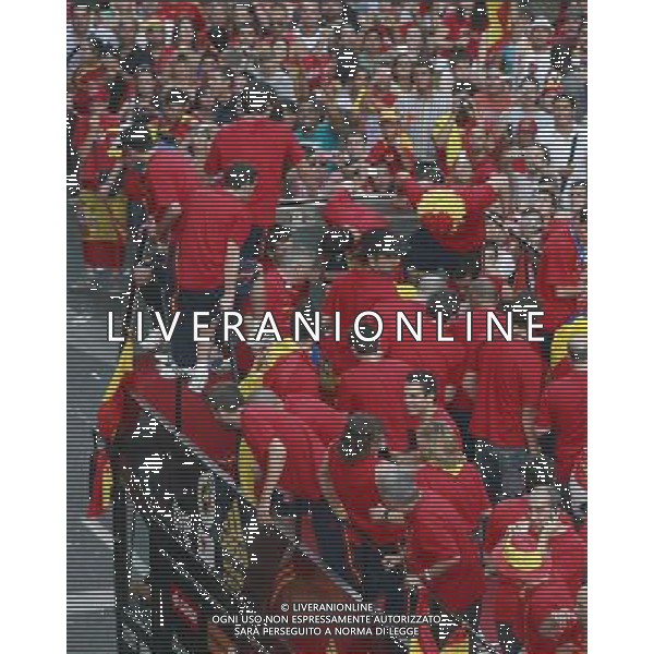 MADRID, Spain (12/07/2010).- Spain\'s National team celebrates victory ay South Africa world Cup with supporters all over Madrid. Photo: Adrian / ALFAQUI - Ag. Aldo Liverani sas ITALY ONLY FESTEGGIAMENTI NELLE STRADE DI MADRID DELLA NAZIONALE SPAGNOLA DI CALCIO DOPO LA VITTORIA DELLA COPPA DEL MONDO IN SUD AFRICA 2010