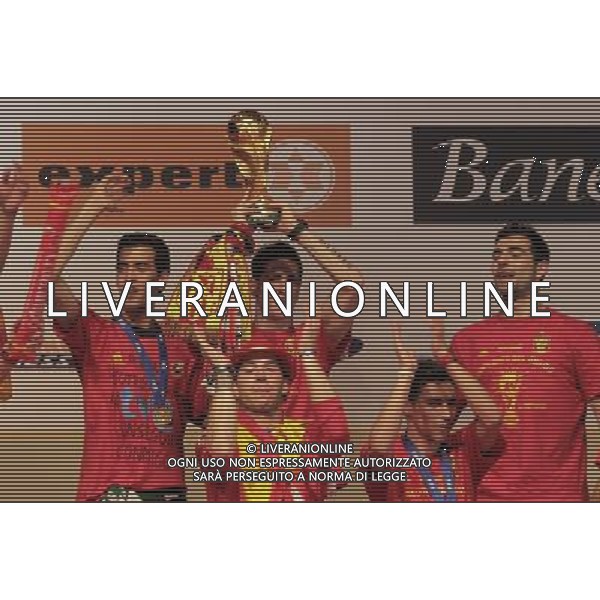 Spain\'s Sergio Busquets, Fernando Torres, Sergio Ramos, Jesus Navas and Raul Albiol during the celebration of the victory in the FIFA World Cup.July, 7, 2010. Photo: Acero / Alter / ALFAQUI - Ag. Aldo Liverani sas ITALY ONLY FESTEGGIAMENTI A MADRID DELLA NAZIONALE SPAGNOLA DI CALCIO DOPO LA VITTORIA DELLA COPPA DEL MONDO IN SUD AFRICA 2010