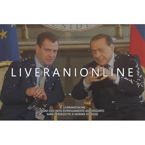 MILANO 23/0/2010 POLITICA: VERTICE RUSSIA - ITALIA Palazzo della Prefettura,Incontro tra il premier Silvio Berlusconi e il presidente della Federazione russa Dmitri Medvedev nella foto premier Silvio Berlusconi - il presidente della Federazione russa Dmitri Medvedev ph Fiochi/ AG ALDO LIVERANI SAS 