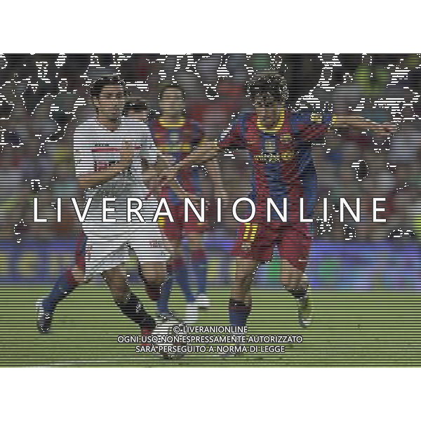 FC Barcelona\'s Bojan Krkic (r) and Sevilla\'s Julien Escude (l) during SuperCup of Spain Final match. August 21,2010. (ALTERPHOTOS/Acero) BARCELLONA-SIVIGLIA SUPERCOPPA DI SPAGNA 2010 AG ALDO LIVERANI SAS ITALY ONLY *** Local Caption *** .