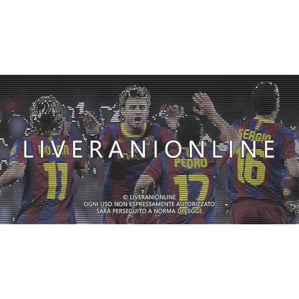 FC Barcelona\'s Bojan Krkic,Gerard Pique,Pedro Rodriguez and Sergio Busquets celebrate goal during SuperCup of Spain Final match. August 21,2010. (ALTERPHOTOS/Acero) BARCELLONA-SIVIGLIA SUPERCOPPA DI SPAGNA 2010 AG ALDO LIVERANI SAS ITALY ONLY *** Local Caption *** .