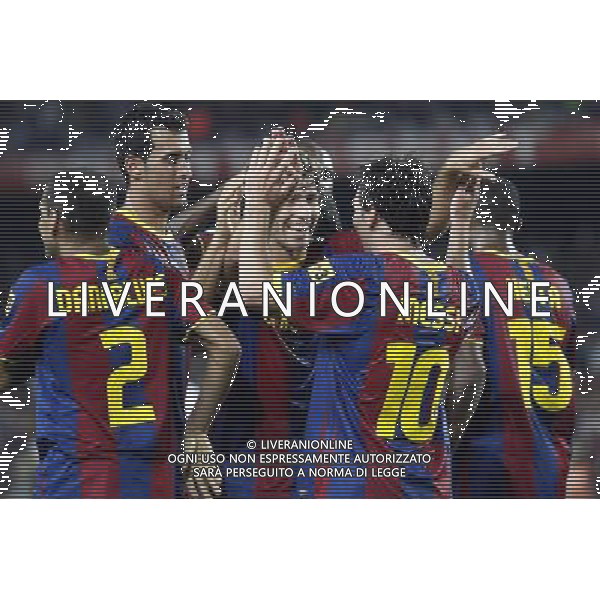 FC Barcelona\'s Daniel Alves, Sergio Busquets, Maxwell, Lionel Messi and Seydou Keita celebrate goal during SuperCup of Spain Final match. August 21,2010. (ALTERPHOTOS/Acero) BARCELLONA-SIVIGLIA SUPERCOPPA DI SPAGNA 2010 AG ALDO LIVERANI SAS ITALY ONLY *** Local Caption *** .