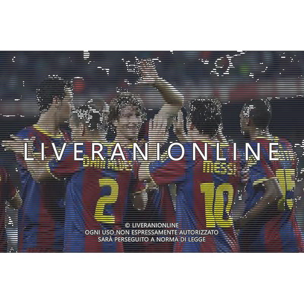 FC Barcelona\'s Daniel Alves, Sergio Busquets, Maxwell, Lionel Messi and Seydou Keita celebrate goal during SuperCup of Spain Final match. August 21,2010. (ALTERPHOTOS/Acero) BARCELLONA-SIVIGLIA SUPERCOPPA DI SPAGNA 2010 AG ALDO LIVERANI SAS ITALY ONLY *** Local Caption *** .