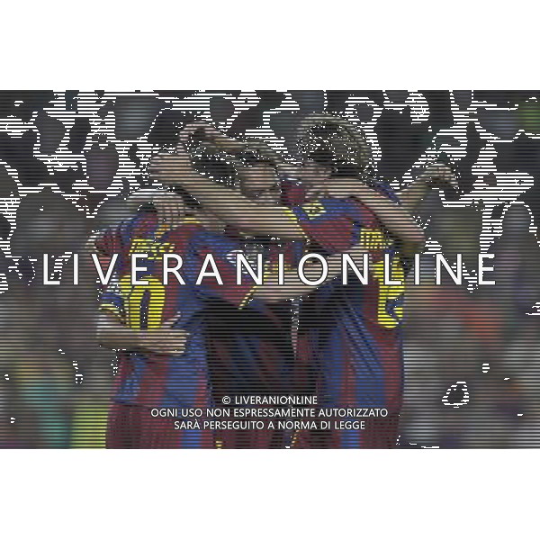 FC Barcelona\'s Lionel Messi, Adriano Correia, Maxwell and David Villa celebrate goal during SuperCup of Spain Final match. August 21,2010. (ALTERPHOTOS/Acero) BARCELLONA-SIVIGLIA SUPERCOPPA DI SPAGNA 2010 AG ALDO LIVERANI SAS ITALY ONLY *** Local Caption *** .