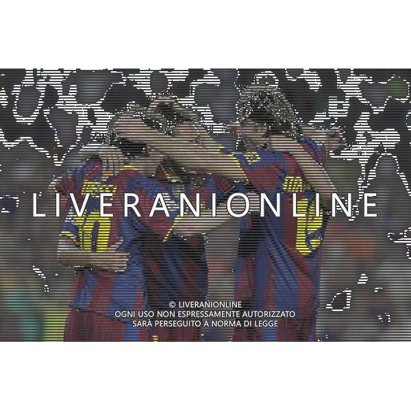 FC Barcelona\'s Lionel Messi, Adriano Correia, Maxwell and David Villa celebrate goal during SuperCup of Spain Final match. August 21,2010. (ALTERPHOTOS/Acero) BARCELLONA-SIVIGLIA SUPERCOPPA DI SPAGNA 2010 AG ALDO LIVERANI SAS ITALY ONLY *** Local Caption *** .