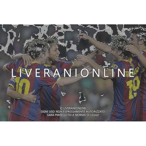 FC Barcelona\'s Lionel Messi, Adriano Correia, Maxwell and David Villa celebrate goal during SuperCup of Spain Final match. August 21,2010. (ALTERPHOTOS/Acero) BARCELLONA-SIVIGLIA SUPERCOPPA DI SPAGNA 2010 AG ALDO LIVERANI SAS ITALY ONLY *** Local Caption *** .