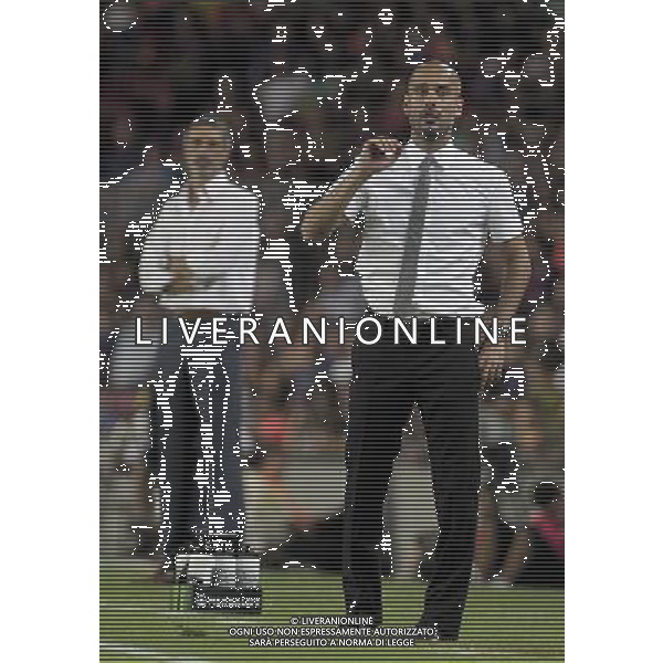 FC Barcelona\'s coach Pep Guardiola (r) and Sevilla\'s coach Antonio Alvarez during SuperCup of Spain Final match. August 21,2010. (ALTERPHOTOS/Acero) BARCELLONA-SIVIGLIA SUPERCOPPA DI SPAGNA 2010 AG ALDO LIVERANI SAS ITALY ONLY *** Local Caption *** .