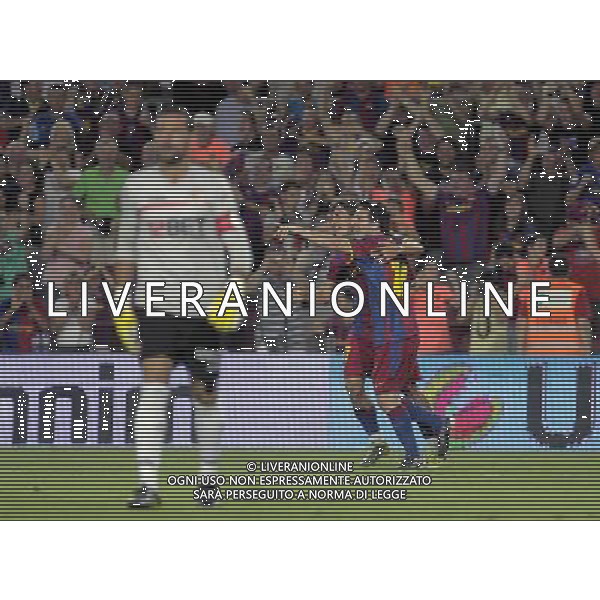 FC Barcelona\'s Lionel Messi (r) and Bojan Krkic celebrate goal in presence of Sevilla\'s Andres Palop during SuperCup of Spain Final match. August 21,2010. (ALTERPHOTOS/Acero) BARCELLONA-SIVIGLIA SUPERCOPPA DI SPAGNA 2010 AG ALDO LIVERANI SAS ITALY ONLY *** Local Caption *** .