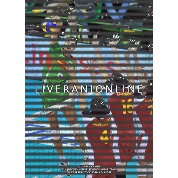 (101005) -- FLORENCE, Oct. 5, 2010 () -- Matey Kaziyski (L) of Bulgaria spikes the ball during the third round match against Spain at the 2010 FIVB Men\'s Volleyball World Championship in Florence, Italy, Oct. 4, 2010. Bulgaria won 3-1. (/Chen Haitong) ©photoshot/Agenzia Aldo Liverani Sas - ITALY ONLY - Bulgaria vs Spagna Volley FIVB 2010 Campionati del Mondo di pallavolo maschile a Firenze, 4 ottobre 2010. La Bulgaria ha vinto 3-1.