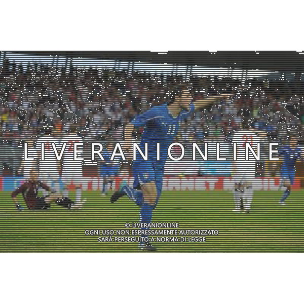 Rieti - 08/10/2010 - Stadio \'Centro D\'Italia\' - Spareggio d\'andata per accedere all\'Europeo Under 21 2011 - Italia vs Bielorussia - nella foto: L\'esultanza di Mattia Destro dopo il gol ph. Corradetti / ©Aldo Liverani Sas