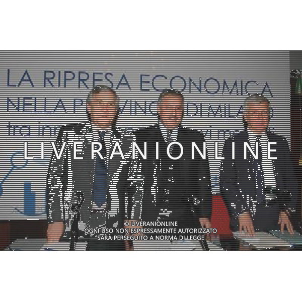 MILANO 18-10-2010 PALAZZO ISIMBARDI - SALA DEGLI AFFRESCHI LA RIPRESA ECONOMICA NELLA PROVINCIA DI MILANO TRA INNOVAZIONE E NUOVI MERCATI NELLA FOTO GUIDO PODESTA\' PRESIDENTE PROVINCIA MILANO- ON. ANTONIO TAJANI VICE PRESIDENTE COMMISSIONE EUROPEA INDUSTRIA E IMPRENDITORIA - ON PAOLO ROMANI MINISTRO SVILUPPO ECONOMICO ph.Fiochi/AG ALDO LIVERANI SAS