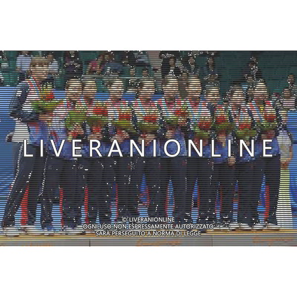 (101115) -- GUANGZHOU, Nov. 15, 2010 () -- South Korea\'s bronze medalists pose for photos on the podium during the awarding ceremony of Women\'s Team of Badminton at the 16th Asian Games in Guangzhou, south China\'s Guangdong Province, on Nov. 15, 2010. (/Lu Hanxin) ©photoshot/Agenzia Aldo Liverani Sas - ITALY ONLY - 16a Giochi Asiatici di Guangzhou, nel sud della Cina