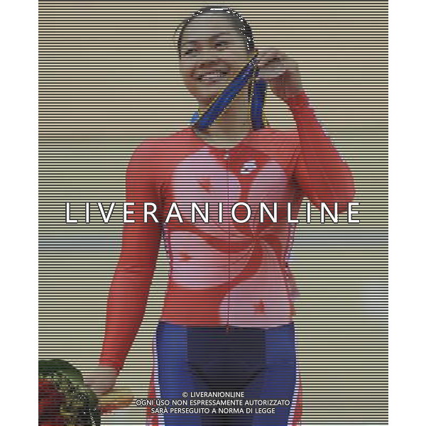 (101117) -- GUANGZHOU, Nov. 17 () -- Bronze medalist Lee Wai Sze of Hong Kong of China poses on the podium during the awarding ceremony for the women\'s Sprint final of Cycling Track competition at the 16th Asian Games in Guangzhou, south China\'s Guangdong Province, Nov. 17, 2010. (/Li Ga) ©PHOTOSHOT /Agenzia Aldo Liverani Sas - ITALY ONLY - CINA: 16mi Giochi Asiatici di Guangzhou