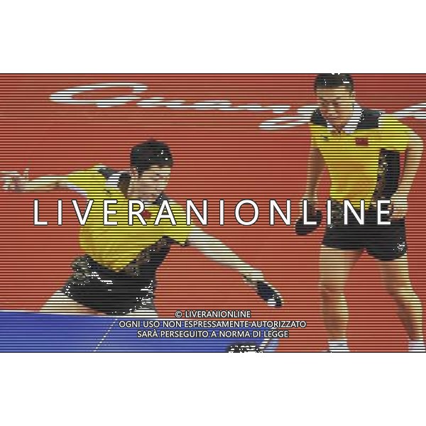 (101118) -- GUANGZHOU, Nov. 18, 2010 () -- China\'s Ma Lin (R)/Xu Xin compete against Al Saadi Mohammed/Nasser Alhajjai Walled of Qatar during men\'s double 1/8 final of table tennis at 16th Asian Games in Guangzhou, south China\'s Guangdong Province, Nov. 18, 2010. Ma Lin/Xu Xin won the match 3-0. (/Xu Jiajun) ©photoshot/Agenzia Aldo Liverani Sas - ITALY ONLY - CINA: 16mi Giochi Asiatici di Guangzhou