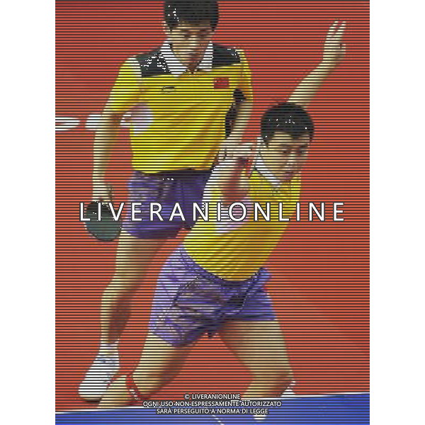(101118) -- GUANGZHOU, Nov. 18, 2010 () -- China\'s Wang Hao (R)/Zhang Jike compete against Hassan Rashed Mohd/Omar Rashid from United Arab Emirates during men\'s double 1/8 final of table tennis at 16th Asian Games in Guangzhou, south China\'s Guangdong Province, Nov. 18, 2010. Wang Hao/Zhang Jike won the match 3-0. (/Xu Jiajun) ©photoshot/Agenzia Aldo Liverani Sas - ITALY ONLY - CINA: 16mi Giochi Asiatici di Guangzhou