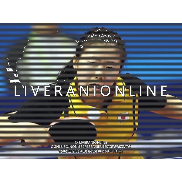 (101118) -- GUANGZHOU, Nov. 18, 2010 () -- Ai Fukuhara of Japan returns to Huang Yi Hua of Chinese Taipei during women\'s singles 1/8 final of table tennis competition at the 16th Asian Games in Guangzhou, south China\'s Guangdong Province,on Nov. 18, 2010. Ai Fukuhara won 4-0 to enter the next round. (/Yang Shiyao) ©photoshot/Agenzia Aldo Liverani Sas - ITALY ONLY - CINA: 16mi Giochi Asiatici di Guangzhou