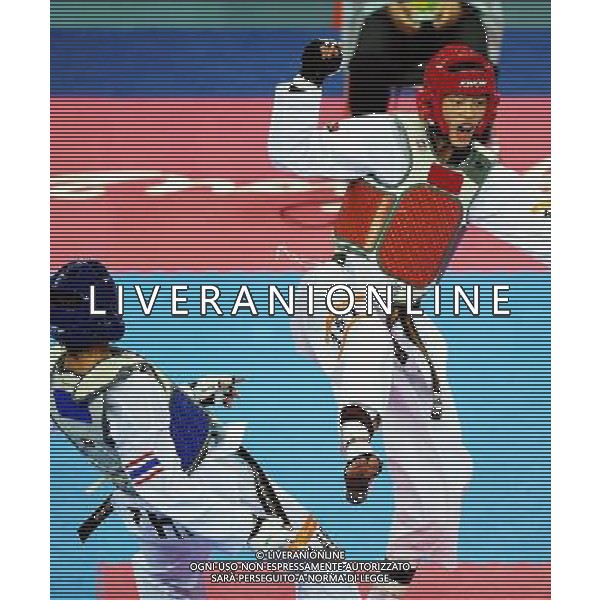 (101120) -- GUANGZHOU, Nov. 20, 2010 () -- Wei Chen Yang (R) of Chinese Taipei fights against Pen-Ek Karaket of Thailand during the final of men\'s under 58kg of taekwondo at the 16th Asian Games in Guangzhou, south China\'s Guangdong Province, Nov. 20, 2010. Wei claimed the title. (/Guo Dayue)(wll) ©photoshot/Agenzia Aldo Liverani Sas - ITALY ONLY - CINA: 16mi Giochi Asiatici