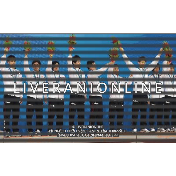 (101120) -- GUANGZHOU, Nov. 20, 2010 () -- Players of Japan stand on the podium of the Sepaktakraw men\'s team awarding ceremony at the 16th Asian Games in Guangzhou, south China\'s Guangdong Province, Nov. 20, 2010. Thailand won the gold medal, Malaysia won the silver medal, while South Korea and Japan got the bronze medals. (/Yan Yan) ©photoshot/Agenzia Aldo Liverani Sas - ITALY ONLY - CINA: 16mi Giochi Asiatici