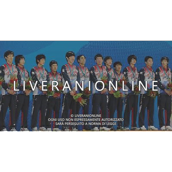(101120) -- GUANGZHOU, Nov. 20, 2010 () -- Players of South Korea stand on the podium of the Sepaktakraw men\'s team awarding ceremony at the 16th Asian Games in Guangzhou, south China\'s Guangdong Province, Nov. 20, 2010. Thailand won the gold medal, Malaysia won the silvermedal, while South Korea and Japan got the bronze medal. (/Yan Yan) ©photoshot/Agenzia Aldo Liverani Sas - ITALY ONLY - CINA: 16mi Giochi Asiatici