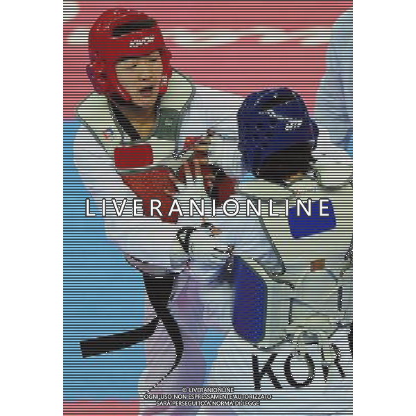 (101120) -- GUANGZHOU, Nov. 20, 2010 () -- Liu Rui (L) of China fights with Oh Jung Ah of South Korea during their final of women\'s over 73kg of taekwondo at the 16th Asian Games in Guangzhou, south China\'s Guangdong Province, Nov. 20, 2010. Liu claimed the title with 4-3. (/Guo Dayue)(wll) ©photoshot/Agenzia Aldo Liverani Sas - ITALY ONLY - CINA: 16mi Giochi Asiatici