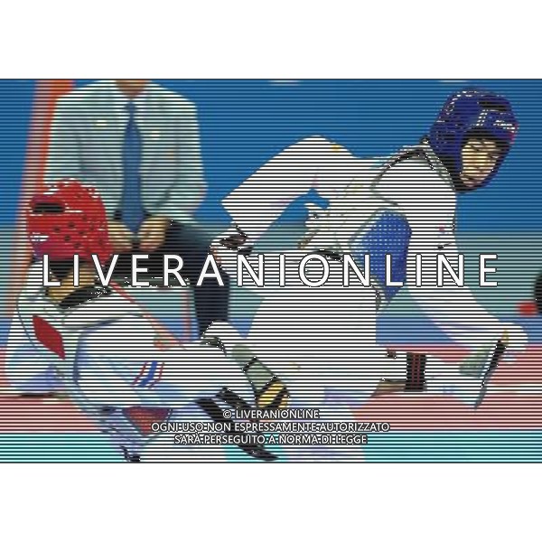 (101120) -- GUANGZHOU, Nov. 20, 2010 () -- Kim Seong Ho(R) of South Korea fights against Chutchawal Khawlaor of Thailand during the final of men\'s under 54kg of taekwondo at the 16th Asian Games in Guangzhou, south China\'s Guangdong Province, Nov. 20, 2010. Chutchawal Khawlaor claimed the title with 8-6. (/Chen Kai)(wll) ©photoshot/Agenzia Aldo Liverani Sas - ITALY ONLY - CINA: 16mi Giochi Asiatici