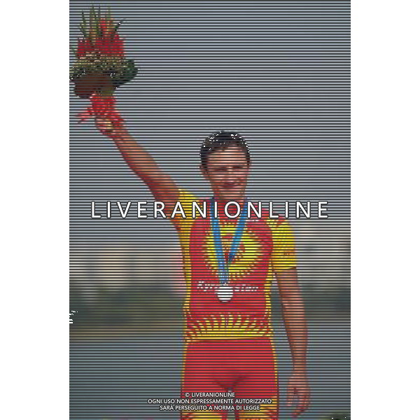 (101120) -- GUANGZHOU, Nov. 20, 2010 () -- Eugen Wacker of Kyrgyzstan poses during the awarding ceremony of the men\'s individual time trial of cycling road at the 16th Asian Games in Guangzhou, south China\'s Guangdong Province, Nov. 20, 2010. Eugen Wacker won the silver with 1 hour 8 minutes and 26.91 seconds. (/Li Ga) ©photoshot/Agenzia Aldo Liverani Sas - ITALY ONLY - CINA: 16mi Giochi Asiatici