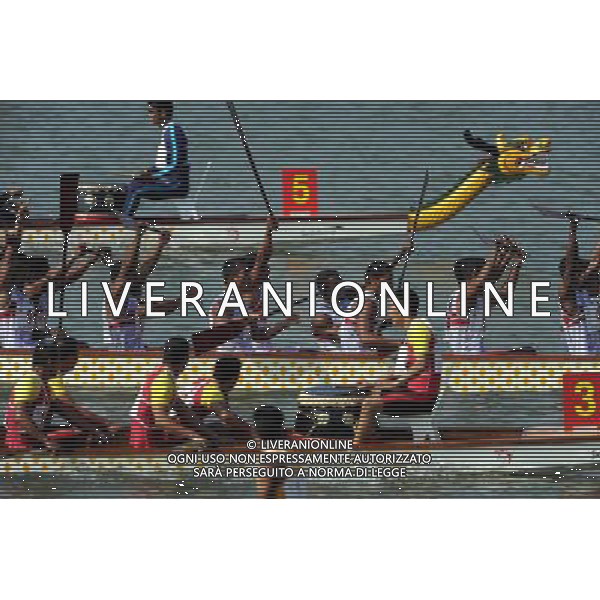 (101120) -- GUANGZHOU, Nov. 20, 2010 () -- Indonesian rowers (C) celebrate their victory in the men\'s 250m straight race grand final of dragon boat at the 16th Asian Games in Guangzhou, south China\'s Guangdong Province, Nov. 20, 2010. Indonesia claimed the title in 48.681 seconds. (/Guo Yong) ©photoshot/Agenzia Aldo Liverani Sas - ITALY ONLY - CINA: 16mi Giochi Asiatici