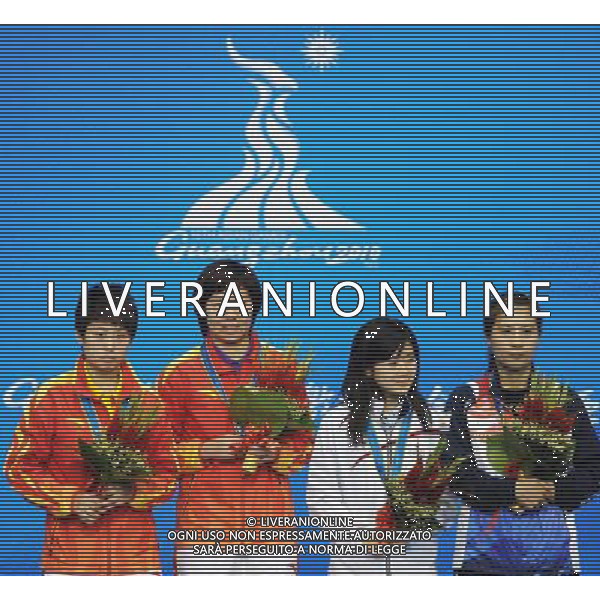 (101120) -- GUANGZHOU, Nov. 20, 2010 () -- Gold medalist Li Xiaoxia (2nd L) of China, silver medalist Guo Yue (1st L) of China, and bronze medalists Fukuhara Ai (2nd R) of Japan and Kim Kyung Ah of South Korea stand on the podium of the women\'s singles awarding ceremony of table tennis competition at the 16th Asian Games in Guangzhou, south China\'s Guangdong Province, Nov. 20, 2010. (/Xu Jiajun) ©photoshot/Agenzia Aldo Liverani Sas - ITALY ONLY - CINA: 16mi Giochi Asiatici