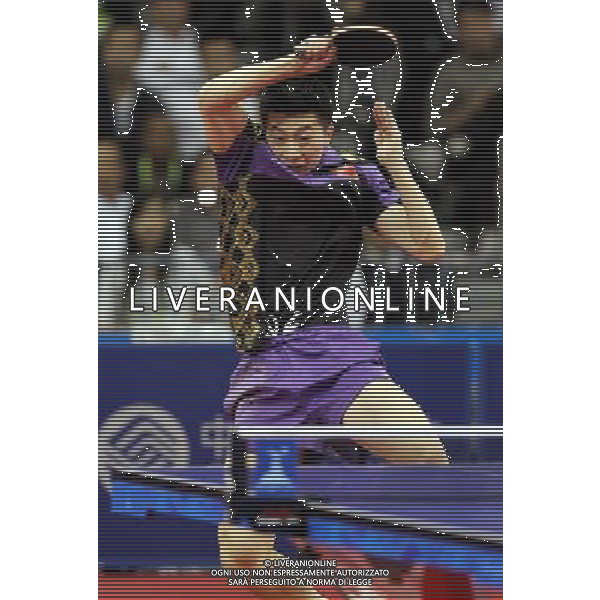 (101120) -- GUANGZHOU, Nov. 20, 2010 () -- Ma Long of China competes during the men\'s singles final of table tennis competition against his compatriot Wang Hao at the 16th Asian Games in Guangzhou, south China\'s Guangdong Province, Nov. 20, 2010. Ma Long defeated Wang 4-2 and won the gold of the event. (/Fan Jun) ©photoshot/Agenzia Aldo Liverani Sas - ITALY ONLY - CINA: 16mi Giochi Asiatici
