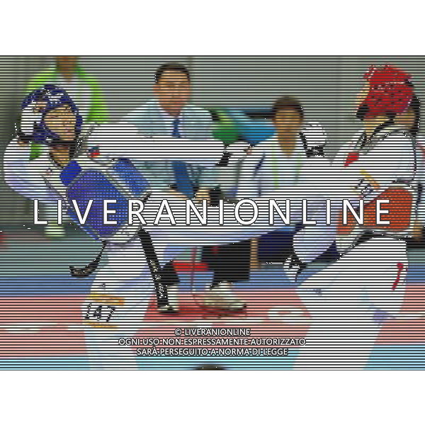 (101120) -- GUANGZHOU, Nov. 20, 2010 () -- Paul Romero(L) of Philippines fights against Wei Chen Yang of Chinese Taipei during the semifinal of men\'s under 58kg of taekwondo at the 16th Asian Games in Guangzhou, south China\'s Guangdong Province, Nov. 20, 2010. Paul lost the match and took the bronze. (/Chen Kai)(wll) ©photoshot/Agenzia Aldo Liverani Sas - ITALY ONLY - CINA: 16mi Giochi Asiatici