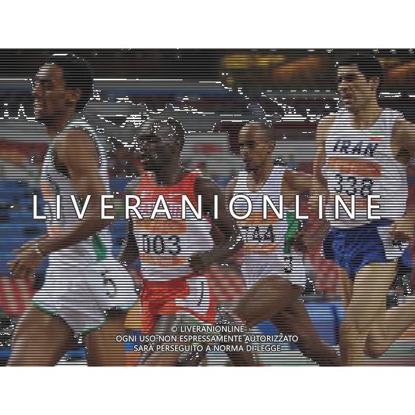 (101123) -- GUANGZHOU, Nov. 23, 2010 () -- Saudi Arabia\'s Mohammed Othman Shaween (R2), Iran\'s Sajad Moradi (R1) and Bahrain\'s Belal Mansoor Belal Ali (L2) compete during the men\'s 1500m final of athletics at the 16th Asian Games in Guangzhou, south China\'s Guangdong Province, Nov. 23, 2010. Mohammed Othman Shaween claimed the title with 3 minutes and 36.49 seconds. Sajad Moradi won the silver while Belal Mansoor Belal Ali got the bronze. (/Li Gang) ©PHOTOSHOT/Agenzia Aldo Liverani Sas - ITALY ONLY: CINA - 16mi GIOCHI OLIMPICI ASIATICI