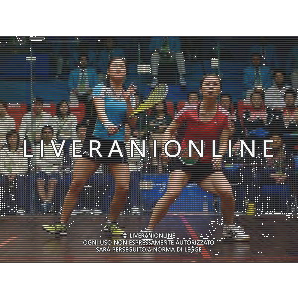 (101124) -- GUANGZHOU, Nov. 24, 2010 (Xinhua) -- Chiu Wing Yin (R) from Hong Kong of China competes against South Korea\'s Park Eun Ok during women\'s team event semifinal of Squash at the 16th Asian Games in Guangzhou, south China\'s Guangdong Province. Hong Kong of China won the match 2-0. (Xinhua/Jiang Kehong) ©PHOTOSHOT/Agenzia Aldo Liverani Sas - ITALY ONLY: CINA - 16mi GIOCHI OLIMPICI ASIATICI