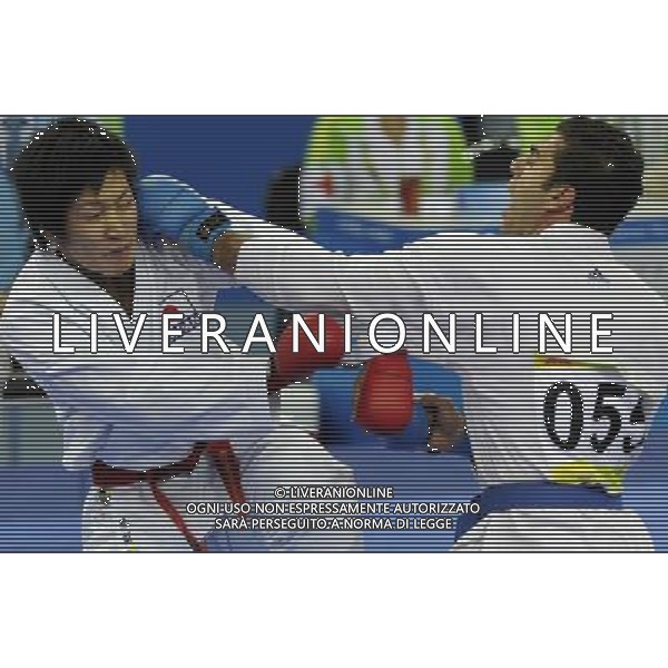 (101126) -- GUANGZHOU, Nov. 26, 2010 () -- Iran\'s Jasem Vishkaei Modami (R) competes during the men\'s -84kg final of Karate against Japan\'s Araga Ryutaro at the 16th Asian Games in Guangzhou, south China\'s Guangdong Province, Nov. 26, 2010. Jasem Vishkaei Modami won 6-2 and claimed the title of the event. (/Gesang Dawa) - Xinhua/Photoshot - Ag. Aldo Liverani sas ITALY ONLY CINA - 16mi GIOCHI OLIMPICI ASIATICI: KARATE