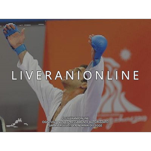 (101126) -- GUANGZHOU, Nov. 26, 2010 () -- Iran\'s Jasem Vishkaei Modami reacts after winning the men\'s -84kg final of Karate against Japan\'s Araga Ryutaro at the 16th Asian Games in Guangzhou, south China\'s Guangdong Province, Nov. 26, 2010. Jasem Vishkaei Modami won 6-2 and claimed the title of the event. (/Gesang Dawa) - Xinhua/Photoshot - Ag. Aldo Liverani sas ITALY ONLY CINA - 16mi GIOCHI OLIMPICI ASIATICI: KARATE