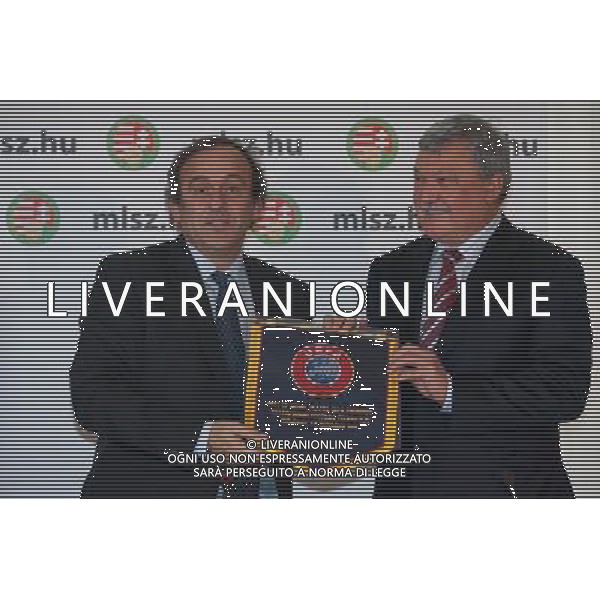 BUDAPEST, 9 dic 2010 () - L\'Unione delle associazioni europee di calcio (UEFA), il presidente Michel Platini (L) onori Federcalcio ungherese Sandor Presidente Csanyi con una bandiera della UEFA nel corso di una conferenza stampa a Budapest, in Ungheria, l\'8 dicembre , 2010. ÊÊÊPlatini ha invitato il primo ministro ungherese Viktor Orban per sostenere il gioco del calcio, contribuendo a frenare le lotterie che coinvolgono gioco di fissaggio e di sostenere i giocatori junior, dato che dal prossimo gennaio, l\'Ungheria a rotazione nella presidenza dell\'Unione europea. ÊÊÊ(/ Attila Všlgyi) Photoshot-agaldoliverani onlyitaly 